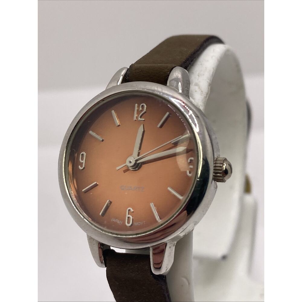 Womens Silver Brown Leather Watch New Battery